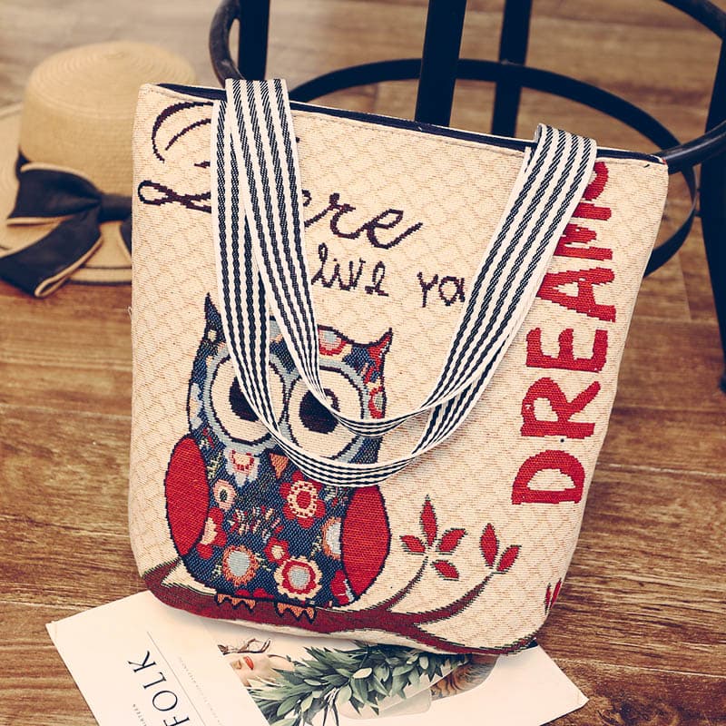 ショルダー バッグ ミニ フクロウ刺繍キャンバストート