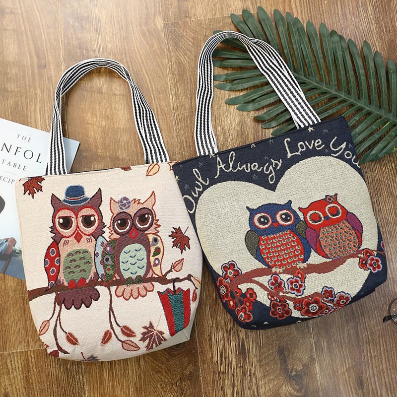 ショルダー バッグ ミニ フクロウ刺繍キャンバストート